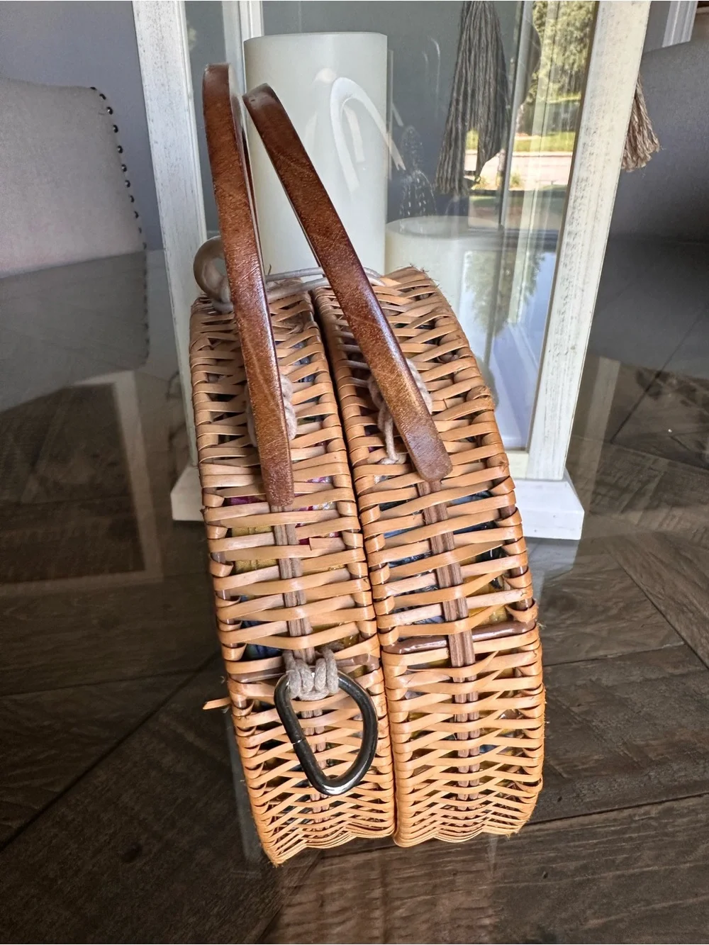 Wooden Purse Hinged Basket Weave Sides Handles Clasp Interior Floral Cloth Lined - Picture 2 of 12